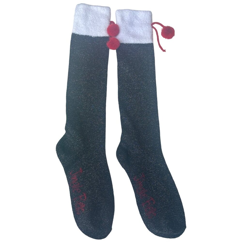 1 Pair JINGLE BELLS Glittery Christmas Knee Length Women's Socks 18.5" Height